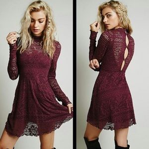 Free People FP Beach Crochet Lace Dinner Date Mini Dress in Plum Small